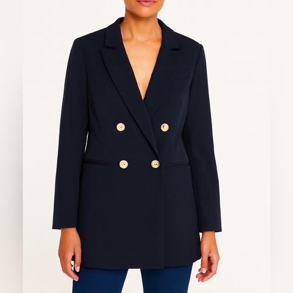 H&M Navy Double-Breasted Blazer Women’s Size S | Gold Button Longline Jacket - Picture 1 of 8